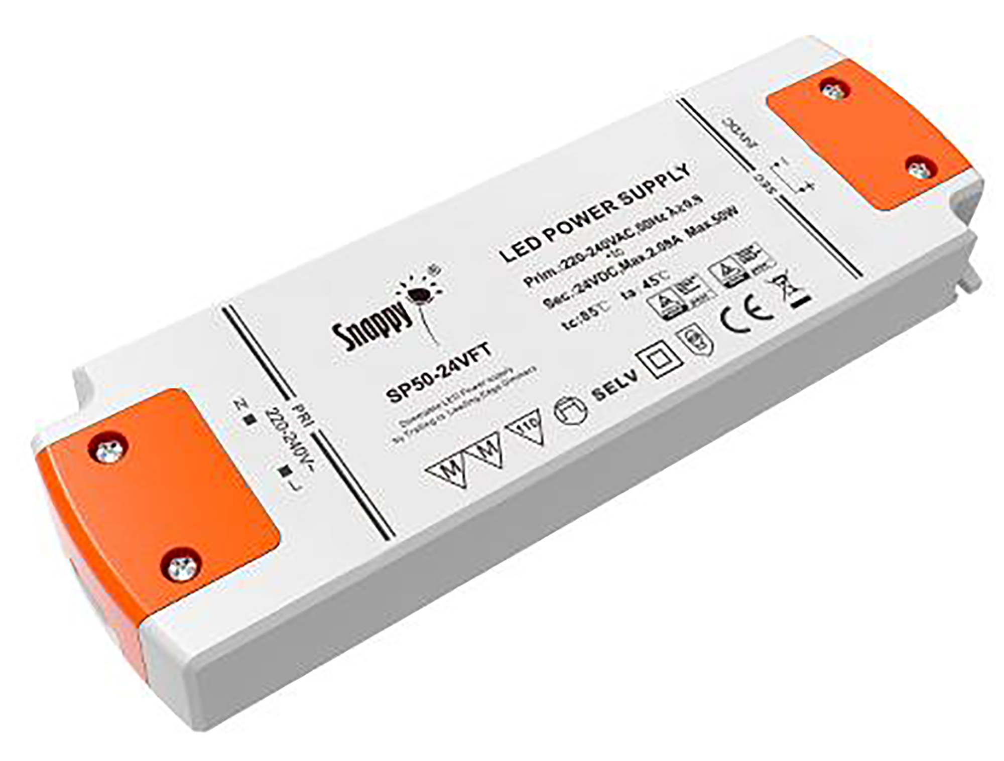 SP50-24VFT  SP; 50W; Constant Voltage Triac Dimmable PC LED Driver; 24VDC; 2.08A; Pf>0.9; TC:+85?; TA:45?; IP20; Effi>85%; Screw Connection; 3yrs Warranty.